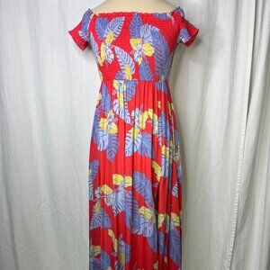 Lulu's Patsy Coral Blue Yellow Tropical Print Maxi Dress Elastic Top Size S